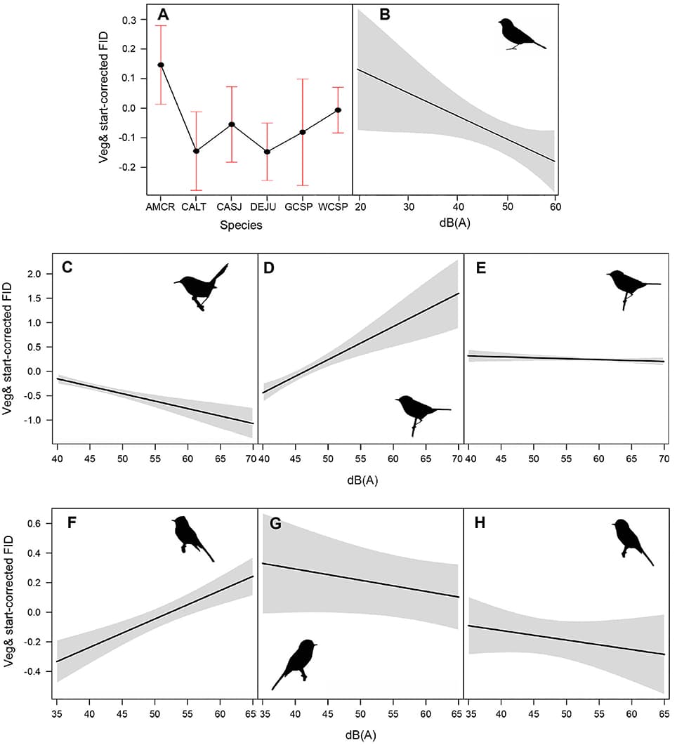 (A) illustrates mean adjusted FID and standard error for each species in the ground foraging guild. Species depicted are American crow (AMCR), California towhee (CALT), California scrub jay (CASJ), dark-eyed junco (DEJU), golden-crowned sparrow (GCSP), and white-crowned sparrow (WCSP). (B–H) illustrate the influence of ambient noise on vegetation and start distance-corrected FID values for all ground foraging species (B), canopy gleaning species Pacific wren (C), Wilson's warbler (D), yellow warbler (E), and flycatching species black phoebe (F), dusky flycatcher (G), and Pacific-slope flycatcher (H). For plotting purposes, we utilized the top-ranking model (lowest AICc and fewest parameters) for each of the foraging guilds (Table 2).