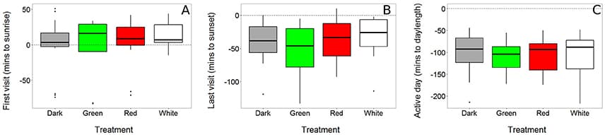 Timing of daily activity was not affected by light at night. First (A) and last visit (B) of a bird to its nest box were recorded using RFID transponder data (see Figure 2). The time that a bird was active during the day (“active day,” C), was calculated as the difference between the last and first visit of a day. All data are expressed relative to the natural sunrise, sunset and day length, which are depicted in the graphs as dashed horizontal lines crossing zero (N dark = 22, green = 15, red = 18, white = 15).
