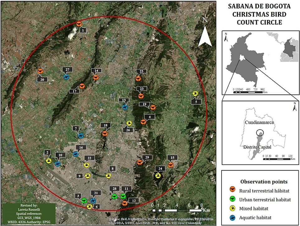 Study area. Location of the Sabana de Bogotá Audubon's Christmas Bird Count circle and the 29 locations visited between 1989 and 2014. Habitat types were assigned according to dominant land covers in each place (more details about habitats in Section Audubon's Christmas Bird Count Methods and Circle).