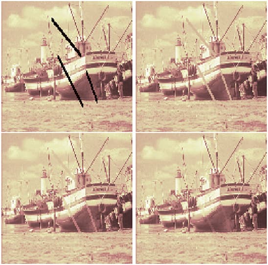 Inpainting scratches: damaged image (top, left), reconstruction using standard TV inpainting (top, right), and reconstruction using spline inpainting of order 2 and 3 (bottom).