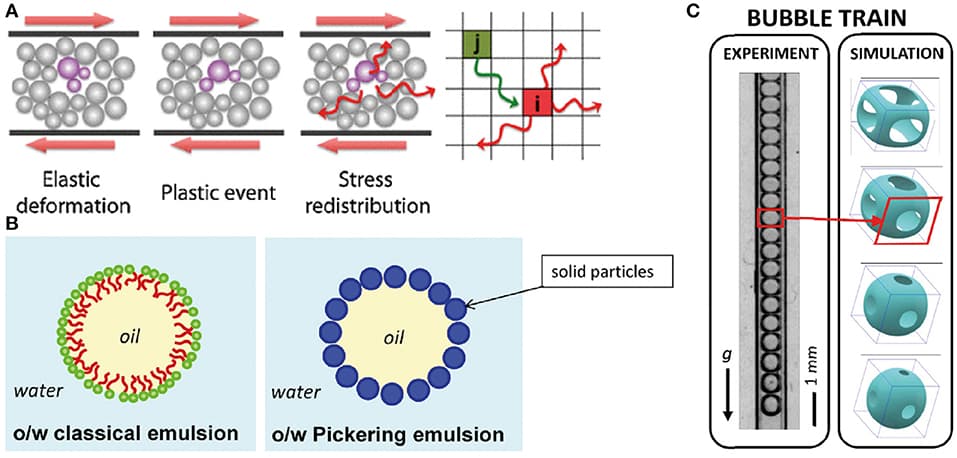 (A) The canonical kinetic elasto-plastic perspective in which induced flow generates non-local structural changes. From Bocquet et al. [48]. (B) Schematic of surfactant and particle stabilized oil in water (o/w) emulsions. From Chevalier and Bolzinger [53]. (C) Evidence for multiple contact dynamics in a simple train of bubbles. From Ginot et al. [54].