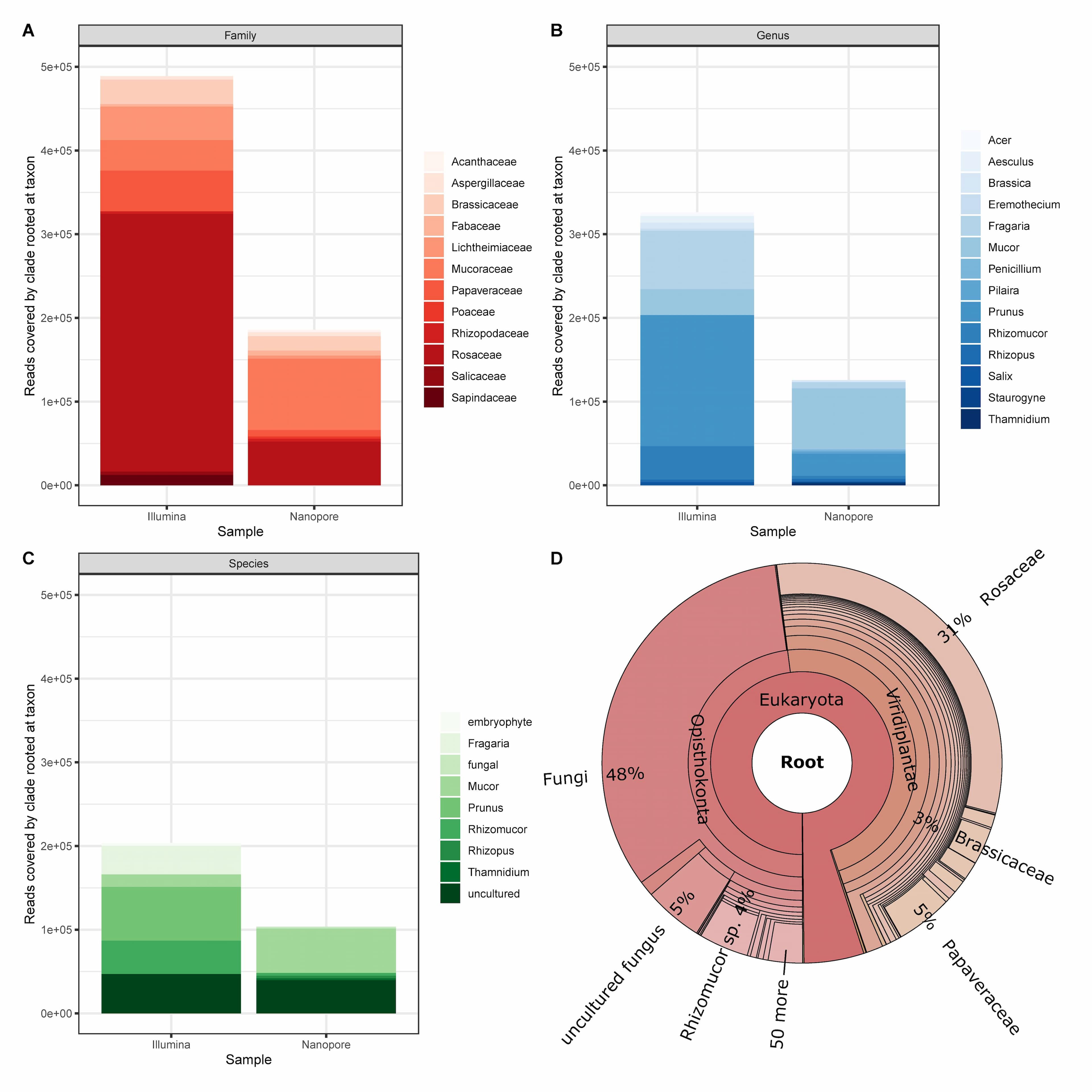 Cursory display of the ten most abundant assignments from Kraken2 reports for sample #6 data generated by Illumina and Nanopore platforms, respectively on (A) Family, (B) Genus, and (C) Species level. (D) Krona plot for the Illumina data (17 levels displayed).