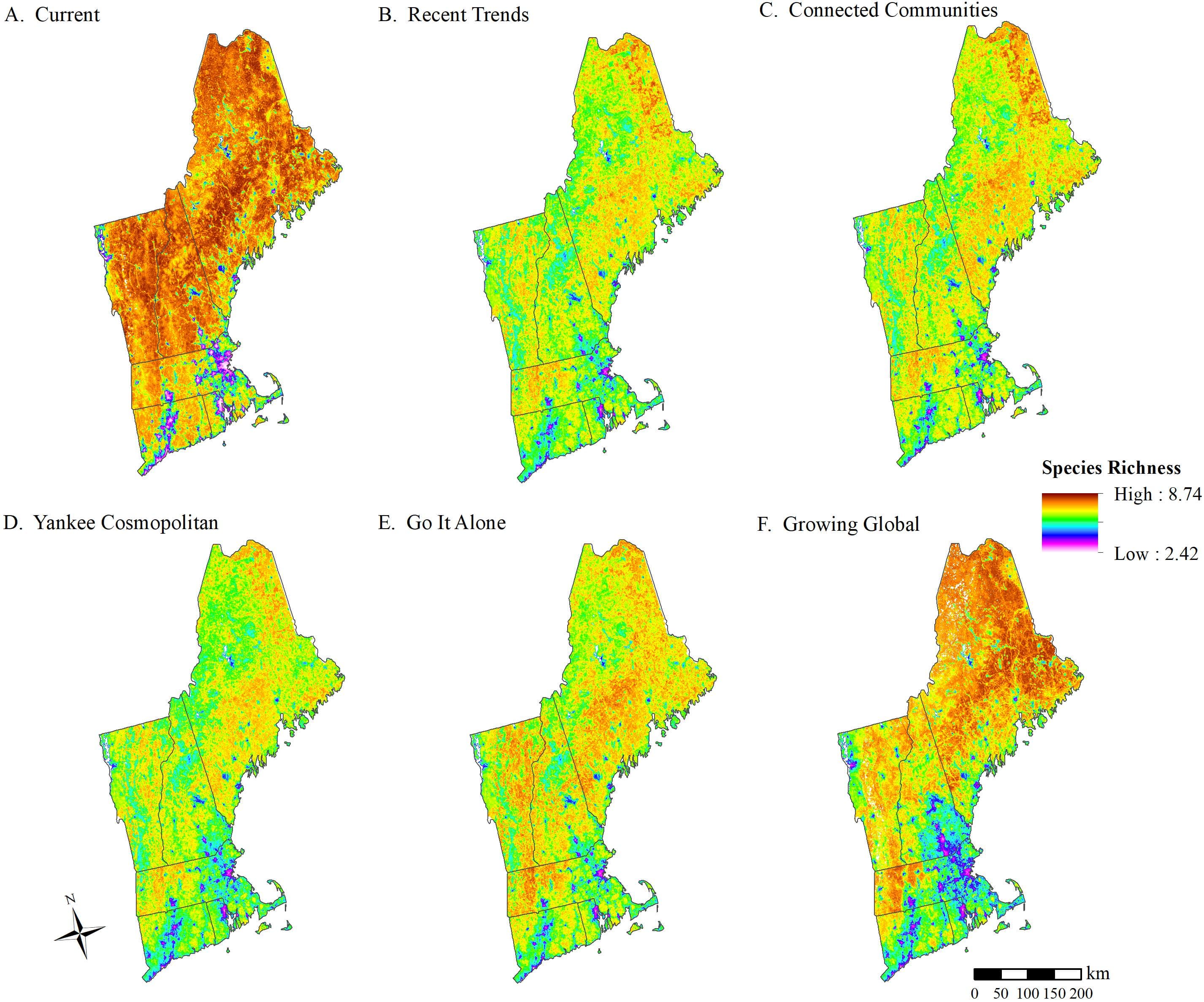 Focal wildlife species richness across New England as projected by (A) current (2010) conditions, and each of the NELFP scenarios at year 2060: (B) Recent Trends, (C) Connected Communities, (D) Yankee Cosmopolitan, (E) Go It Alone, and (F) Growing Global.