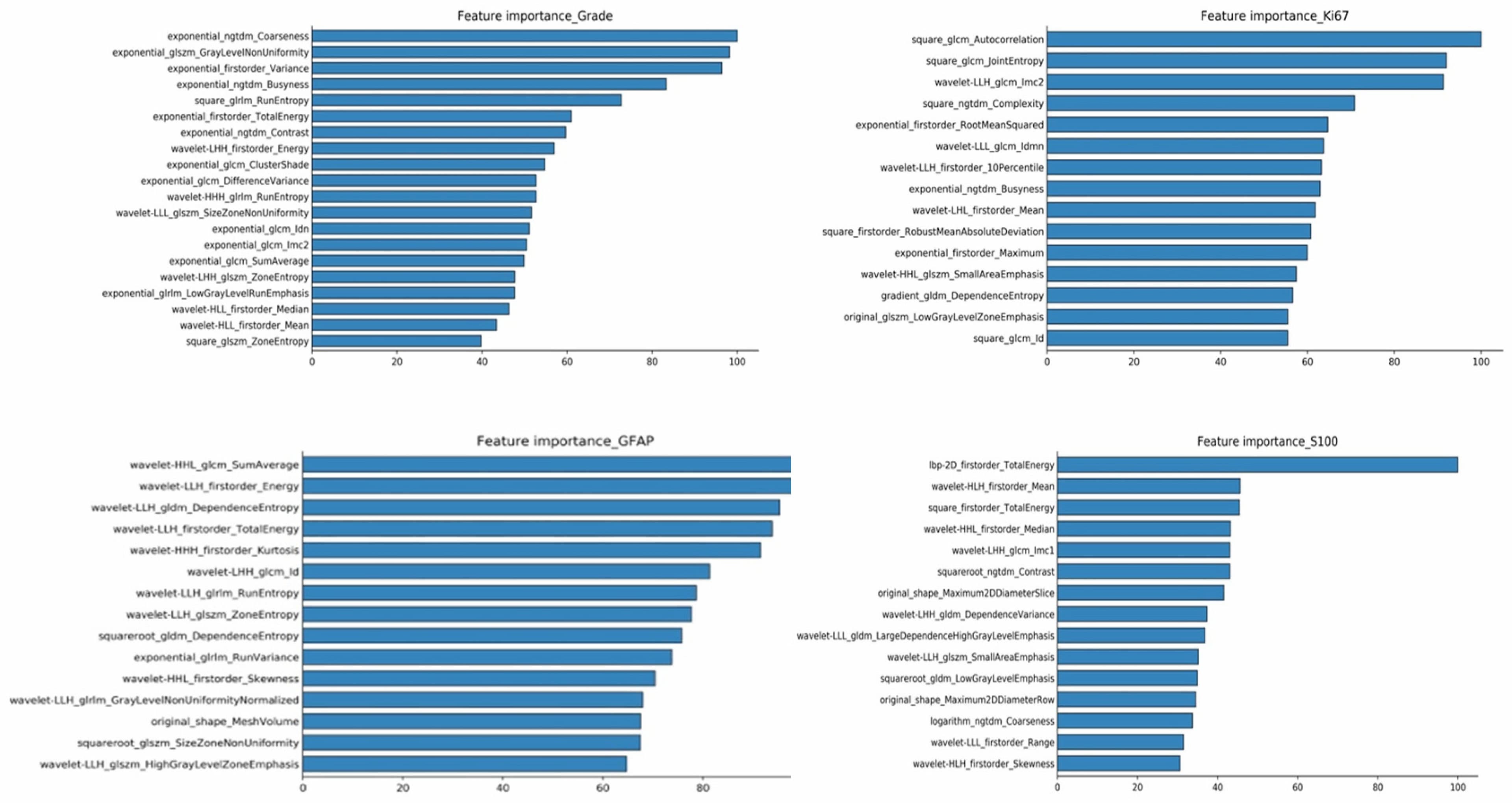 RF model inbuild feature importance for predicting glioma grades and biomarkers of Ki67, GFAP, and S100.