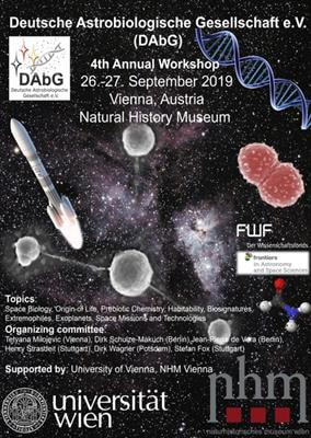 Cover image for research topic "Presentations at the 4th Workshop of the German Astrobiological Society (DAbG) on Astrobiology, 26–27 September 2019, Vienna, Austria"
