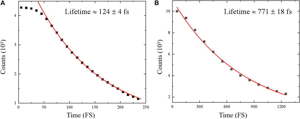 Number of undissociated trajectories versus simulation time of state D∼1A′ (panel (A)) and F∼1A′ (panel (B)). The lifetimes are obtained through a fitting procedure with an exponential function. Points are the simulated values and lines are the fitted curves. The uncertainties are due to the fitting procedure.