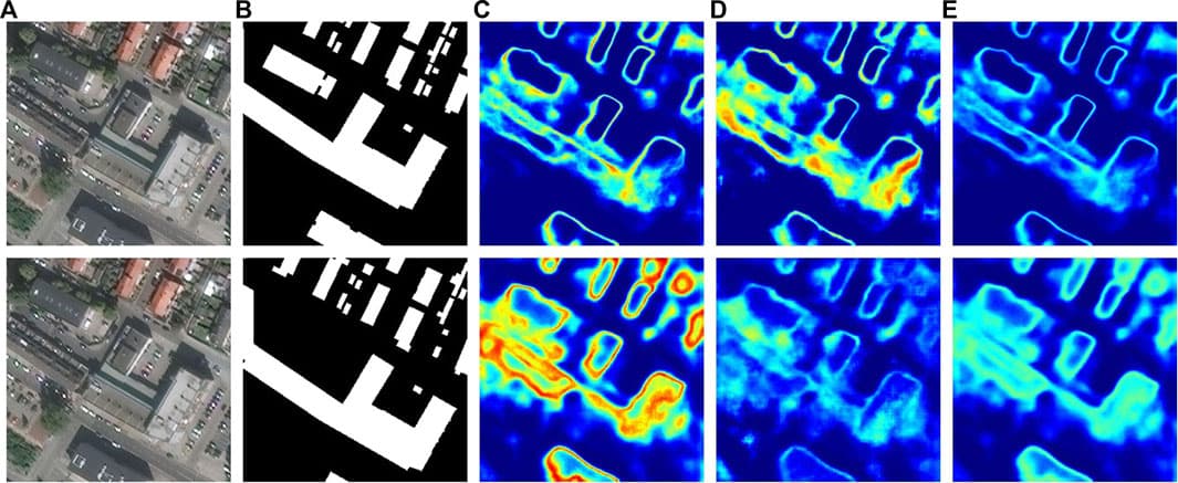 Heatmaps of predictive uncertainty during training with 0% omission noise in the top row and 20% omission noise in the bottom row at epoch 15. (A) Satellite image (B) training label (C) average softmax of predicted class (D) standard deviation (E) Varal. All uncertainty values are scaled for better visibility.