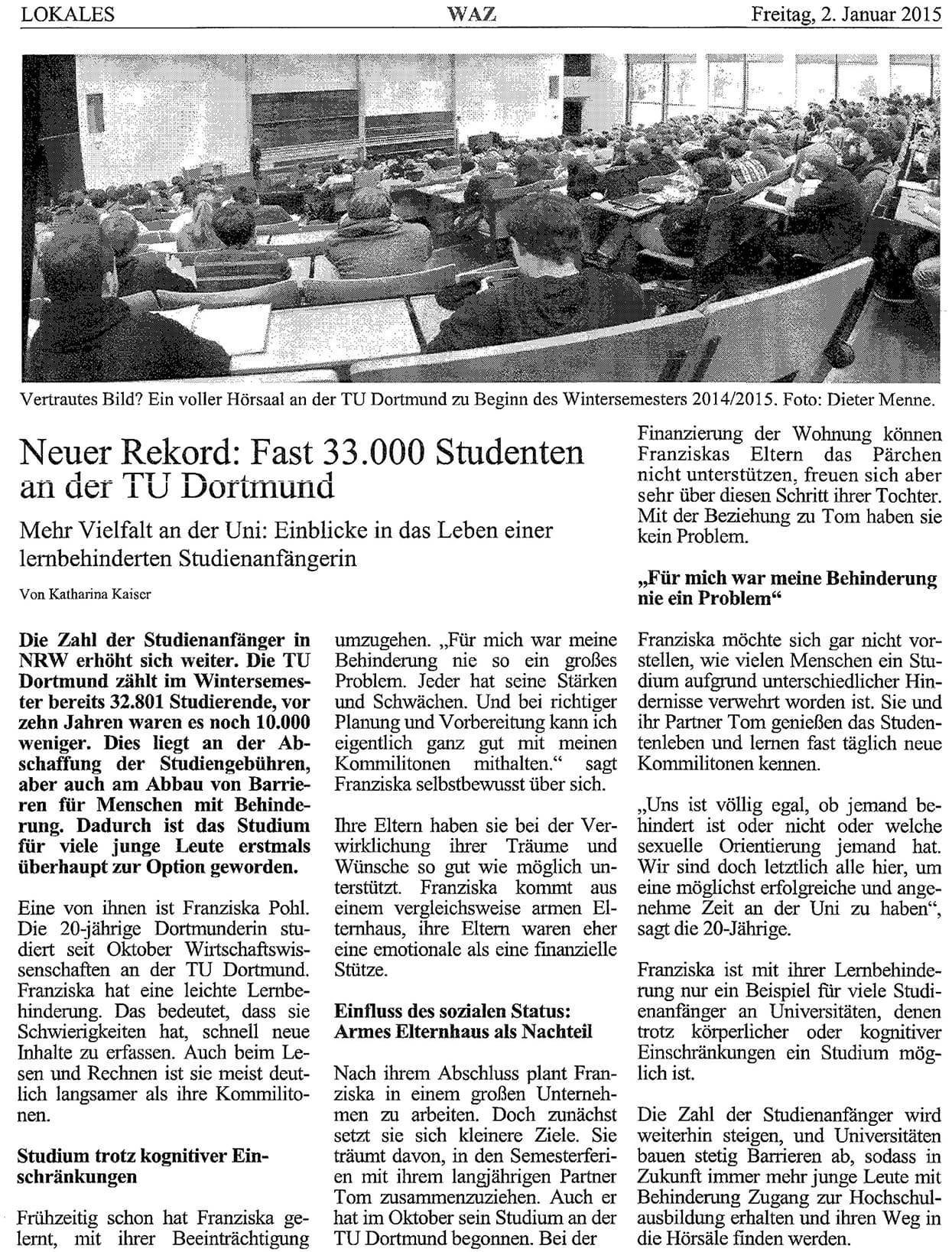 Example of stimulus material (manipulations: type of disability: mild learning disability; sex: female; socio-economic status: low; sexual orientation: heterosexual); Image Source: Dieter Menne/TU Dortmund University.