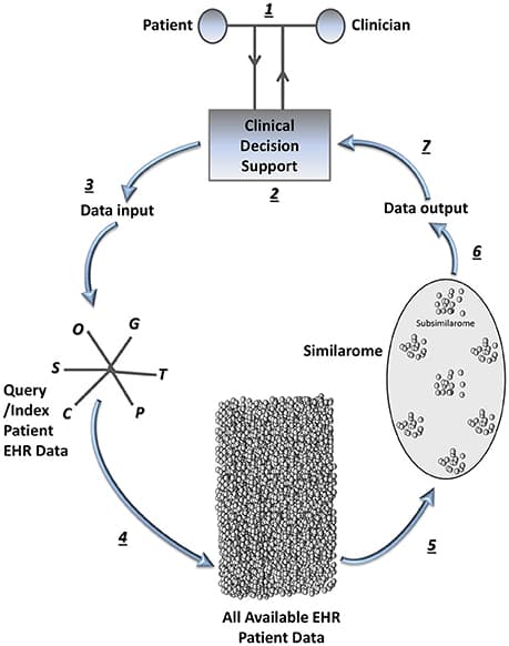 The patient similarity analytics loop in systems medicine. Once a query patient is selected, the patient and clinician (e.g., physician or other health professional) in partnership can enter the “patient similarity analytics loop” (step 1), which is iterative as patient characteristics evolve over time and new patients become available for inclusion in the similarome. In step 2, query information is entered via a clinical decision support tool interface. In step 3, this information combines with data from the query or index patient's EHR to form the data input for the patient similarity algorithms. Each “omic” or systems medicine data type or tool (Brown, 2015b) functions as a predictor variable vector, all of which are incorporated into the multidimensional feature space for the patient. In step 4, the entire available EHR patient populous is interrogated with a patient similarity network analysis tool; efficient data mining is completed using patient similarity algorithms. In step 5, similarity data is arranged, yielding a similarome (cohort of patients most similar to the query/index patient), with subsimilaromes (subgroups of patients most similar to the query/index patient based on prioritizing various comorbidities/medications, etc.). Step 6 involves data collating and information retrieval. In step 7, the similarome (which includes subsimilaromes) is presented to the patient-clinician partnership via the clinical decision support tool interface for clinical decision-making at the point-of-care. C, Clinical information; G, Genomics; O, Other systems medicine data types or tools; P, Proteomics; S, Social network data; T, Transcriptomics.