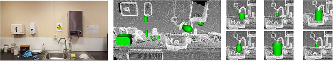 Multiple interactions afforded by the same pointcloud predicted in a never seen before scene. The predictions shown in this figure are carried out simultaneously and at high frame rates with our approach. Note the tap in the kitchen which, in addition to afford filling a variety of objects, it also affords hanging; both interaction possibilities rightly predicted by our method.