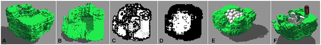 The generated object with contain-ability and support-ability (similar to a bathtub-workdesk, or bathdesk) in (A) perspective view and (B) top-down view. (C) Result of the support-ability test: white pixels show locations with support-ability. (D) Contain-ability map. (E) Still frame from the contain-ability test with spheres. (F) Demonstration that the workdesk-bathtub can fit an iCub humanoid robot, and support a tin can.
