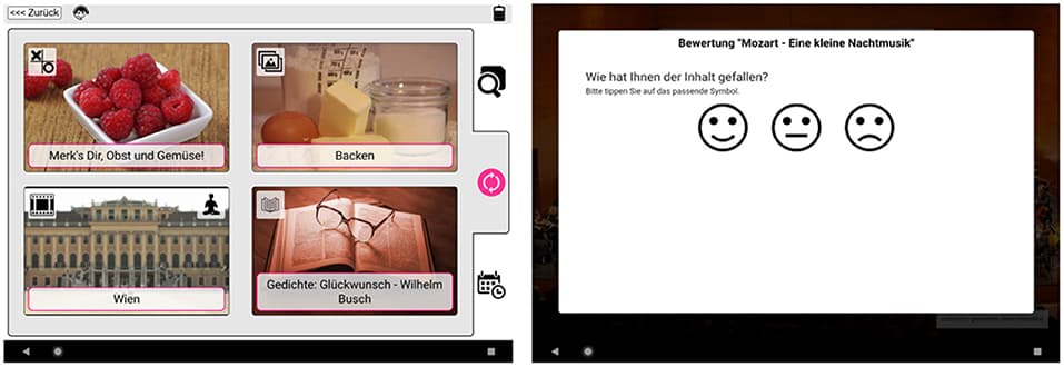 User interface of the I-CARE system. The left figure shows the activation recommendations (top left: memory game, top right: image gallery, bottom left: video, bottom right: phrase). The right figure illustrates the rating options after the activation.