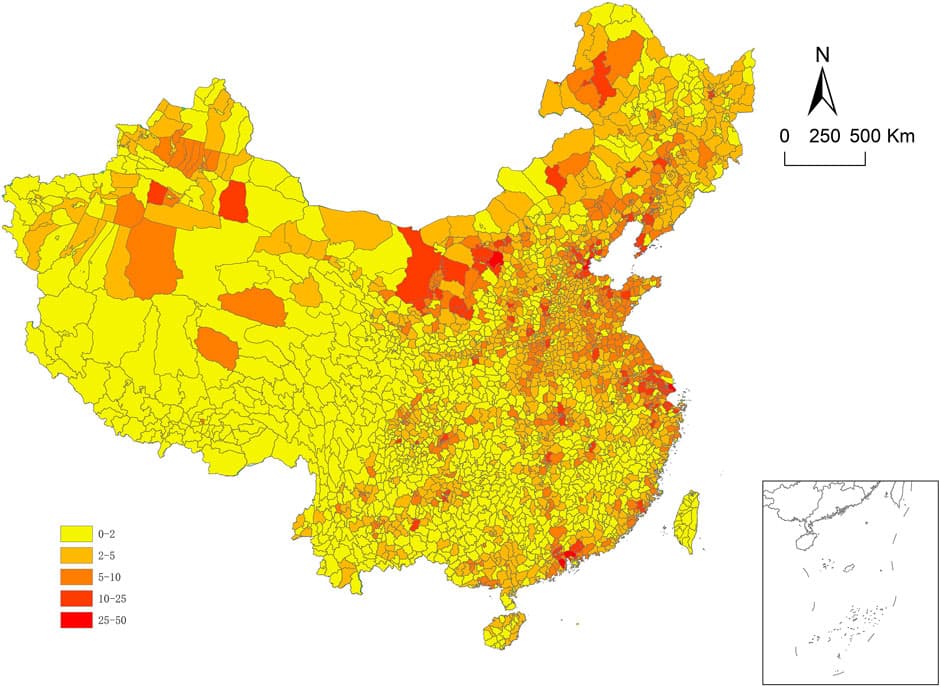 Carbon emissions of Chinese counties in 2016 (Million tons). Data source: Chen et al. (2020).