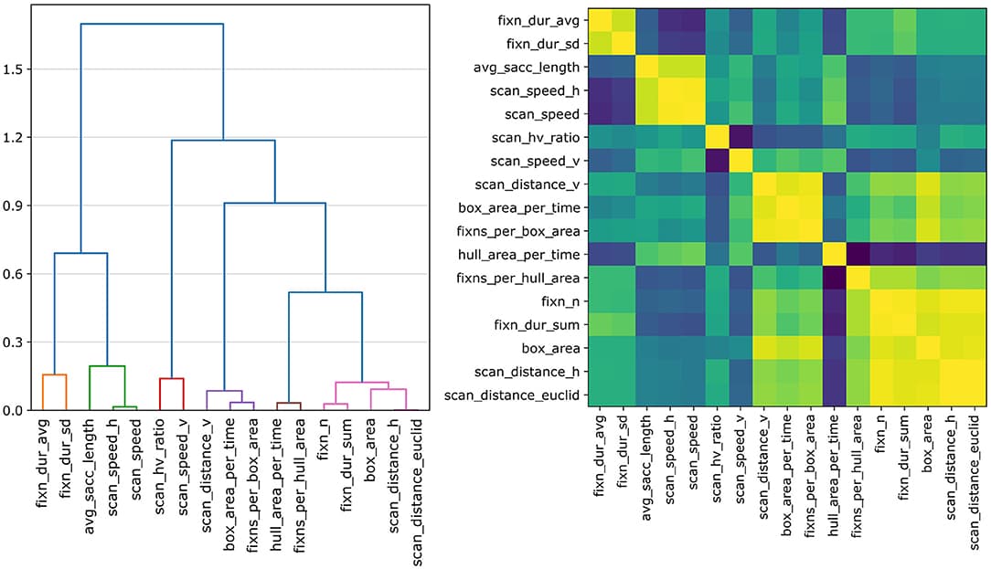 The heatmap (right) shows the pairwise Spearman rank-order correlations for our features using all samples of the g-REL data. The dendrogram (left) shows feature groupings based on their correlation-based distances. Setting the distance threshold to t = 0.3 yields six feature clusters (see colored leafs).