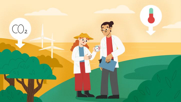 Illustration of two scientists monitoring the Earth's temperature, to accompany an article on global warming after net zero emissions published in Frontiers for Young Minds