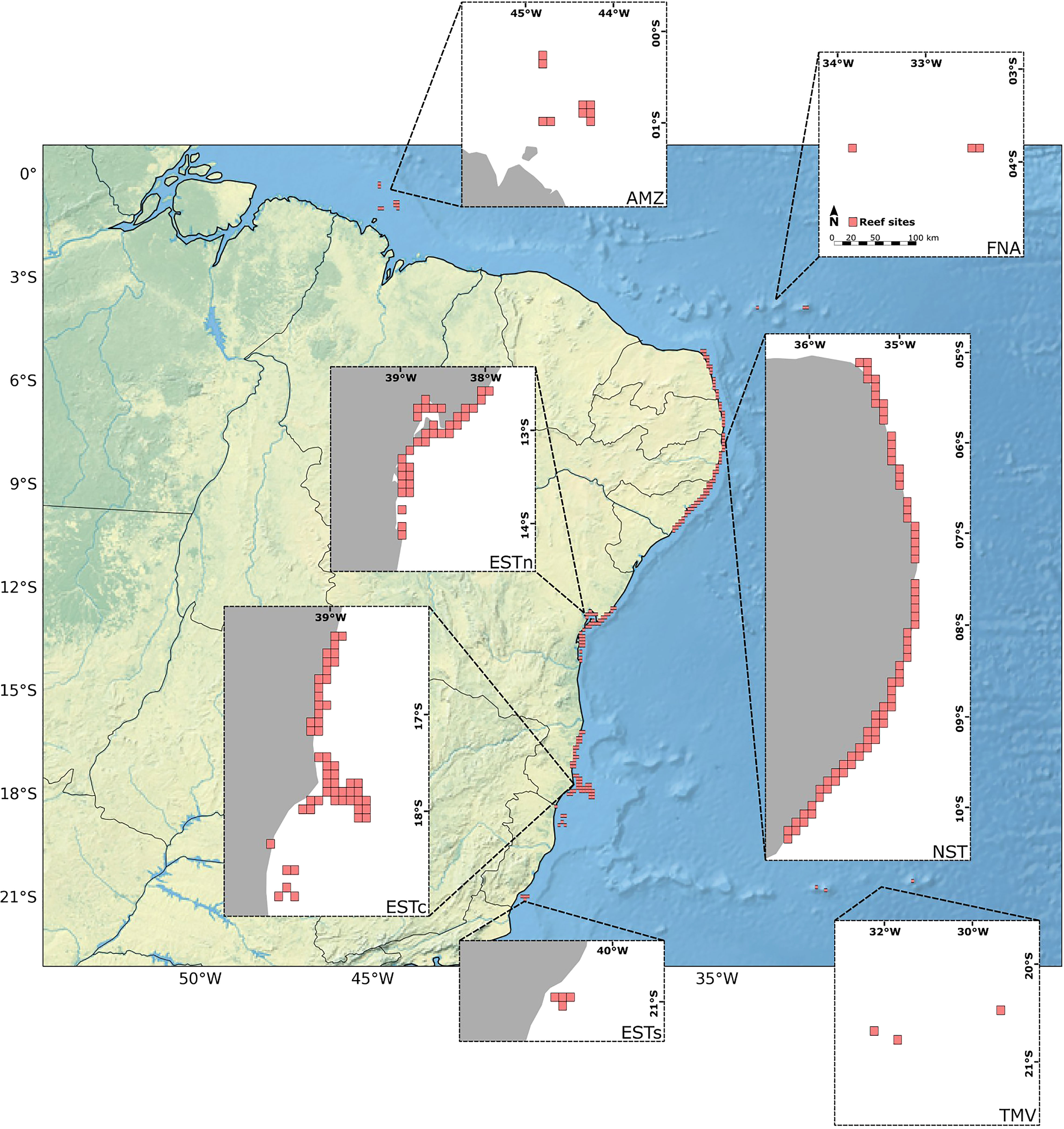 Location of the Brazilian coral-reef regions sensu Spalding et al