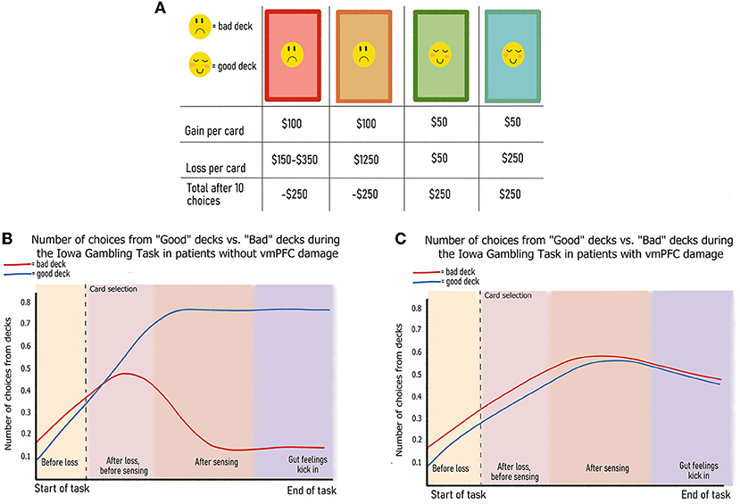 Figure 2 - (A) Wins and losses associated with each deck of the Iowa Gambling Task (IGT).
