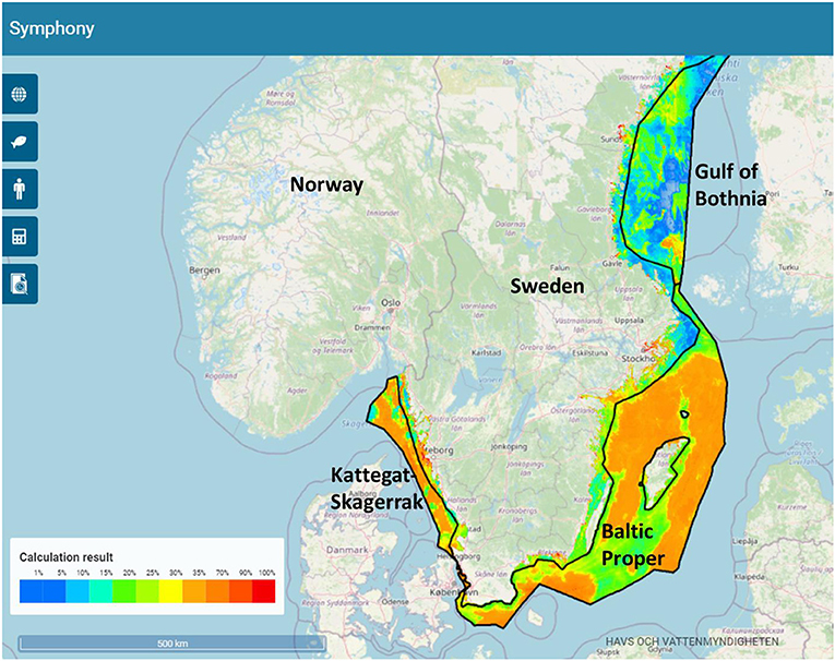 Figure 1 - Symphony software generates a map showing the environmental impact of human activities on the sea along the coast of Sweden.