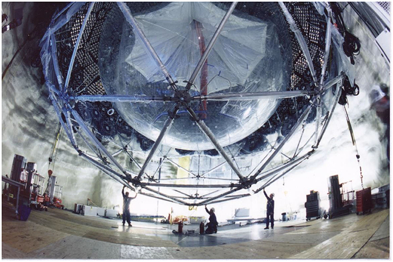 附录图3 -在安装探测中微子的光电传感器之前，在丙烯酸球周围建造测地线圆顶。