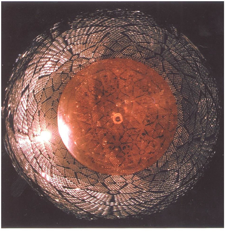 附录4 -一个广角镜头，抬头看丙烯酸球的底部(红色)，周围有10,000个用于检测中微子存在的光传感器。