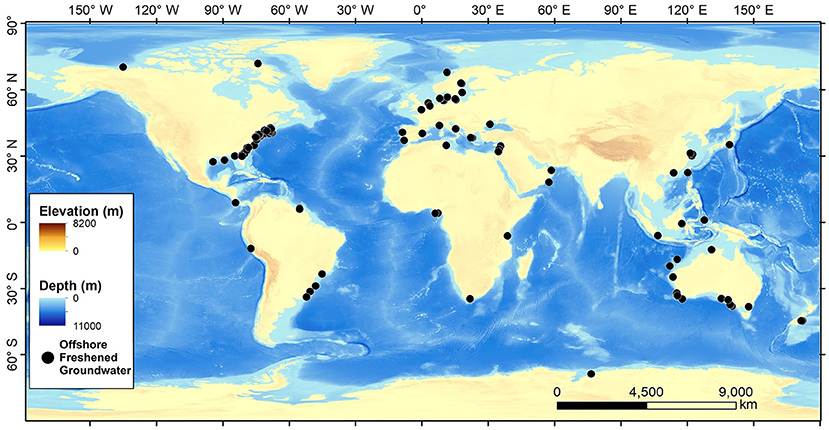 Figure 3 - Locations where large quantities of offshore freshened groundwater have been found [figure adapted from [2]].