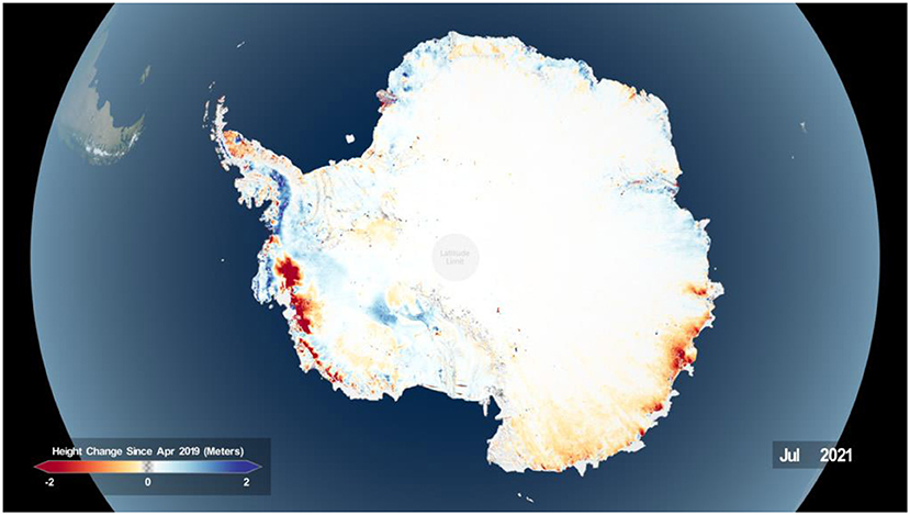 Figure 1 - Surface height change of Antarctica as measured by satellites, in response to a warming atmosphere and ocean.