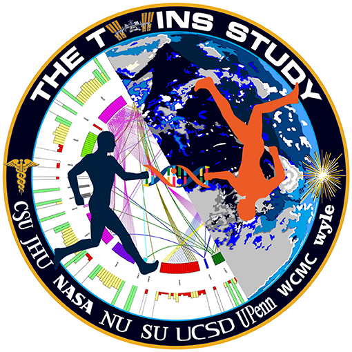 Figure 1 - The NASA Twins Study patch showing the space- and Earth-twins holding on to a DNA molecule, which represents the genomic focus of the study—a first for astronauts.