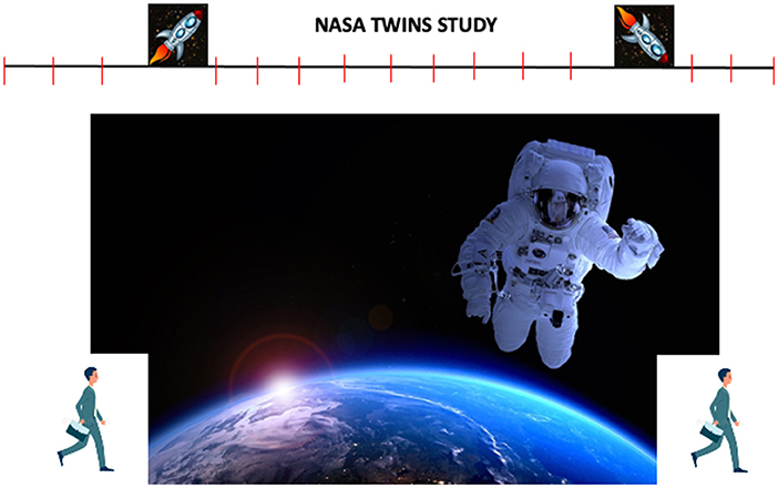 Figure 3 - For the NASA Twins Study, blood samples were collected from “space-twin” and “Earth-twin” at various timepoints (red bars on the timeline) before, during and after the 1-year mission onboard the ISS.