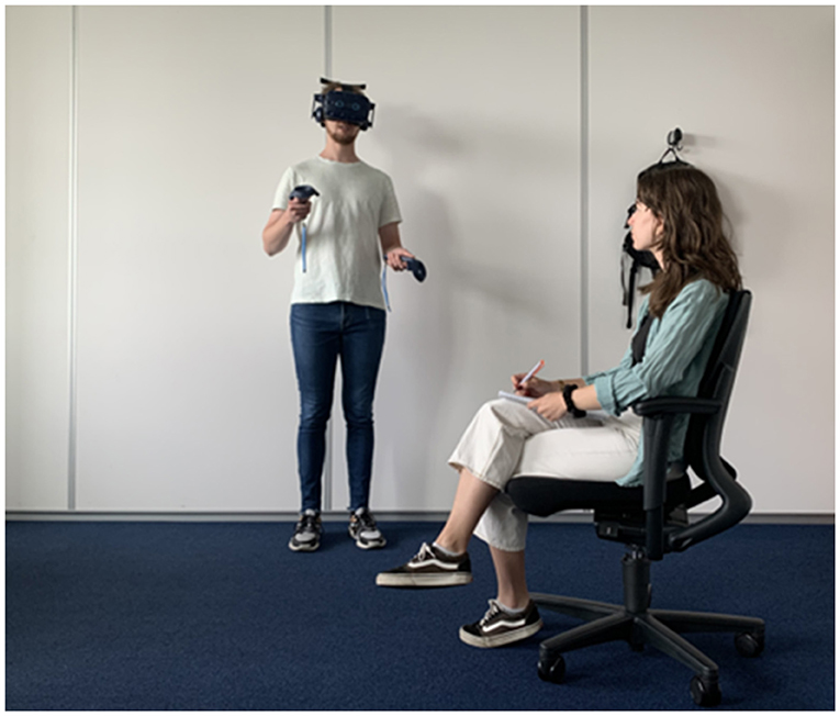 Figure 1 - In a virtual reality exposure therapy session, the person with social anxiety wears a virtual reality headset, through which they are transported to simulated social situations, like parties or conversations with strangers.