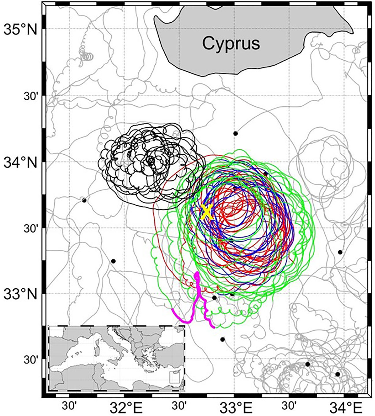 Surface drifter set. (A) Trajectories of 30 drifters released in the