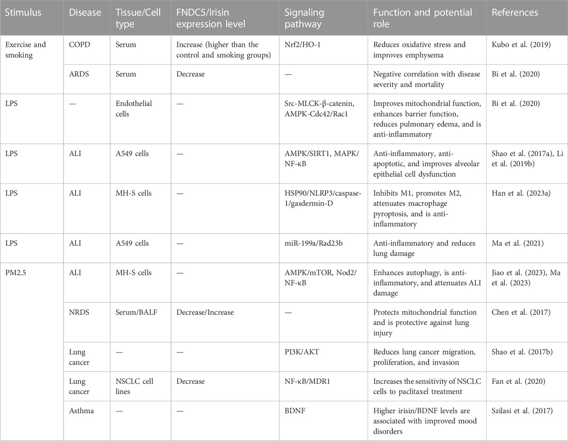 Frontiers | potential role of irisin in lung diseases and advances in