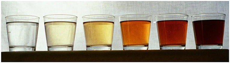Figure 1 - From left to right, the water gets browner in color due to increasing amounts of humic substances in the water [2] (Photographed by Stefan Löfgren).