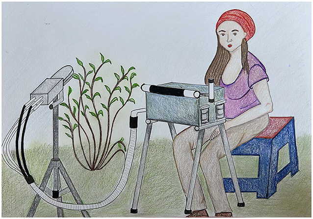 Figure 3 - A scientist measuring the rate of photosynthesis in the leaf of a plant using an Infra-Red Gas Analyzer (IRGA; figure credit: Alejandra Castillo).
