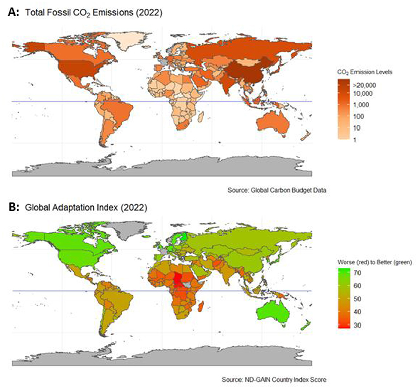 Map A shows global fossil CO2 emissions in 2022, with darker shades representing higher emissions levels. Map B displays the Global Adaptation Index for 2022, where red indicates poorer adaptation and green signifies better adaptation. Sources are Global Carbon Budget Data and ND-GAIN Country Index Score, respectively.