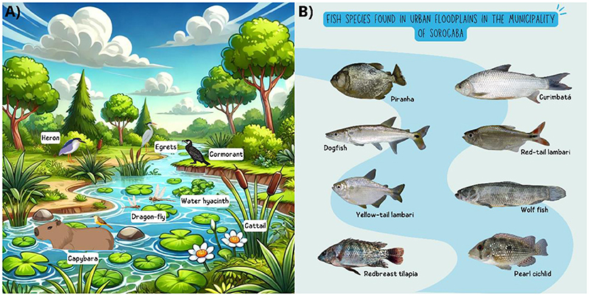 Figure 2 - (A) Biodiversity found in urban floodplains of Sorocaba, Brazil (Image generated using DALL-E by OpenAI).
