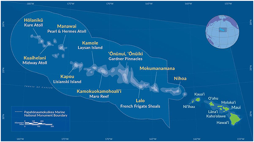 Figure 2 - A map of the Papahānaumokuākea Marine National Monument, highlighting the large number of islets and islands included in this marine protected area.
