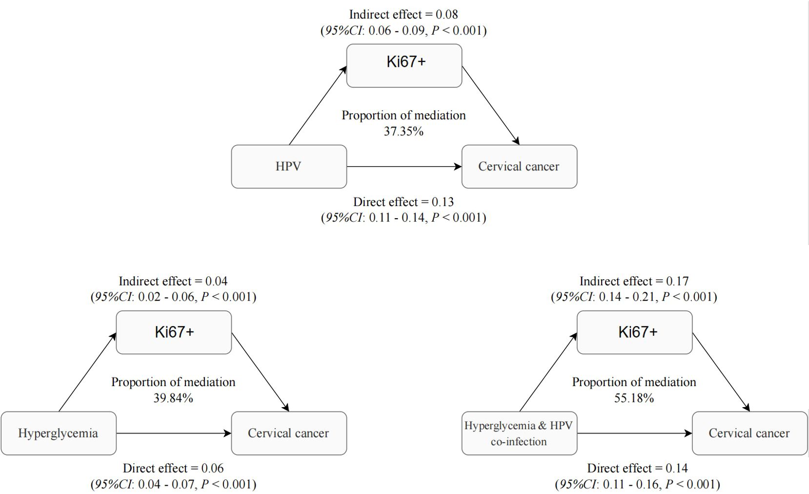 Three mediation diagrams illustrate pathways leading to cervical cancer. Top diagram: HPV to cervical cancer via Ki67+ with an indirect effect of 0.08 and direct effect of 0.13. Bottom left: Hyperglycemia to cervical cancer via Ki67+ with an indirect effect of 0.04 and direct effect of 0.06. Bottom right: Hyperglycemia and HPV co-infection to cervical cancer via Ki67+ with an indirect effect of 0.17 and direct effect of 0.14. Proportions of mediation are 37.35%, 39.84%, and 55.18% respectively.