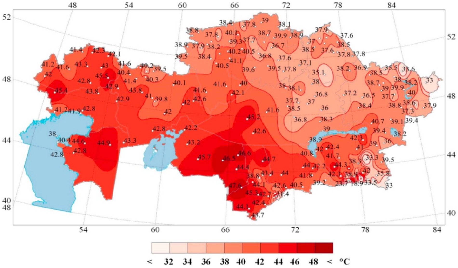 Heat map of Kazakhstan displaying temperature variations in degrees Celsius. Areas are color-coded from light orange to dark red, ranging from less than 32°C to over 48°C. Cooler regions are in blue, primarily in the western part, while the hottest areas are concentrated in the central and southern regions.