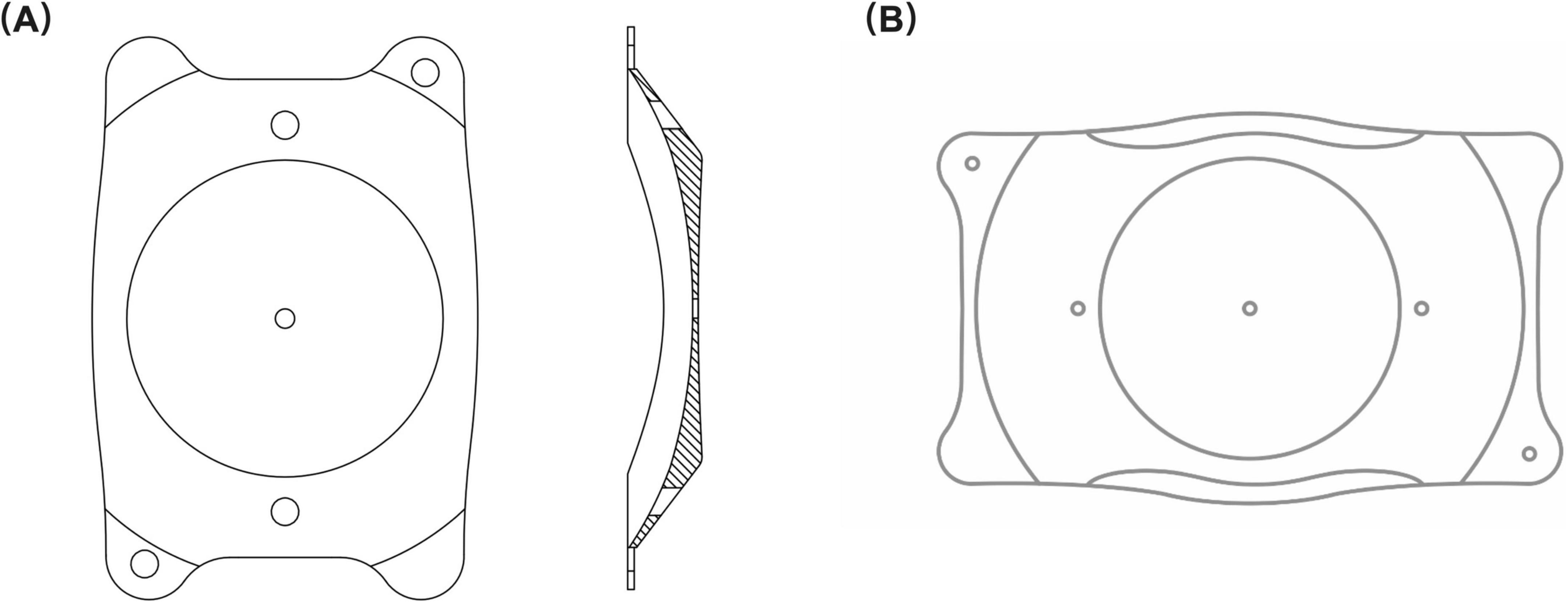 Diagram showing two labeled sections. (A) depicts a front and side view of a symmetrical object with a circular center and additional circular cutouts. The side view shows a curved profile. (B) displays a top view of a similar object with a symmetrical design featuring curved lines and circular cutouts. Both have technical drawing details.