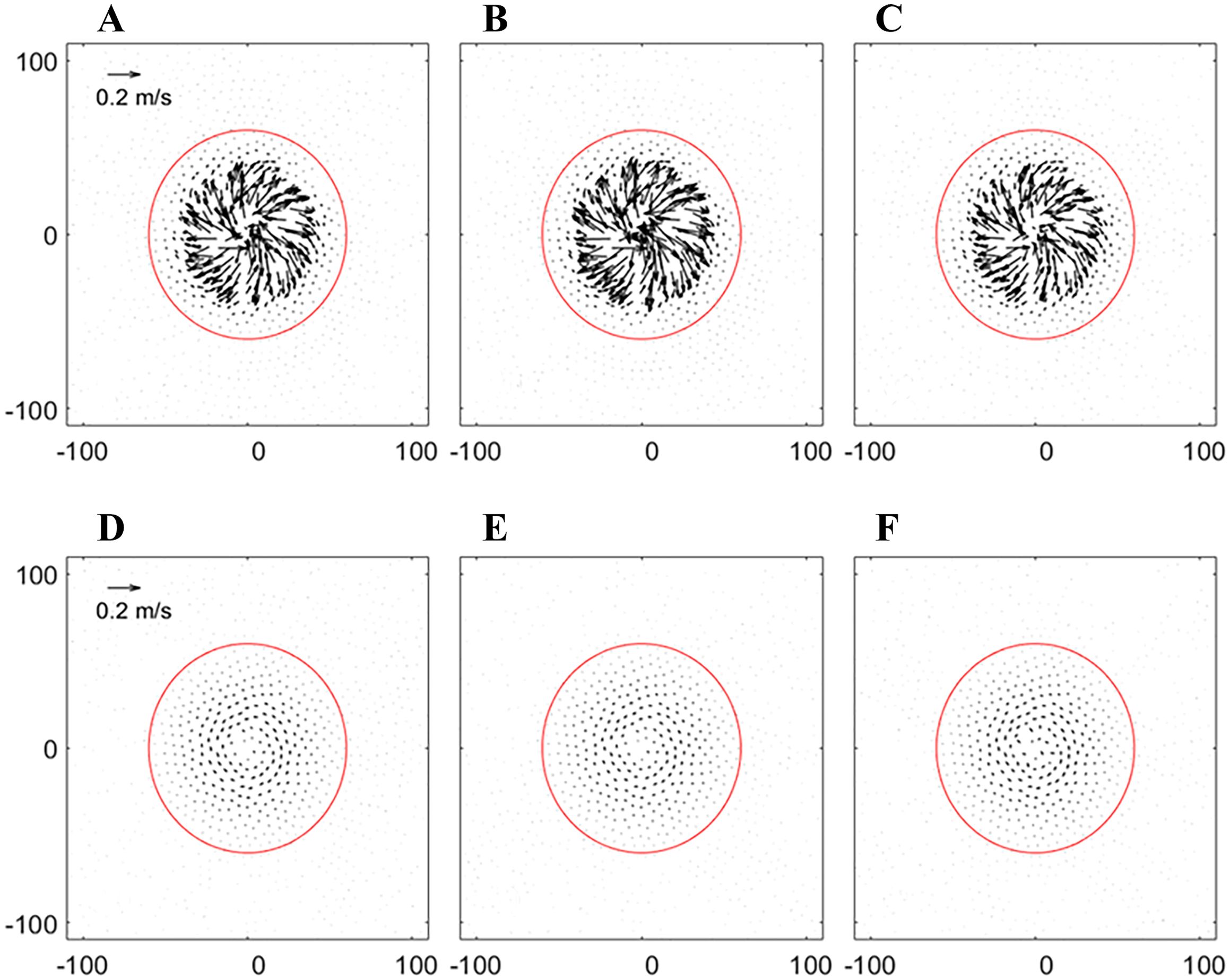 Six graphs labeled A to F show velocity vector fields within a circular region outlined in red. Arrows represent flow patterns at 0.2 meters per second. Graphs A, B, and C display dense, inward spiraling vectors, while D, E, and F show sparse, subtle vectors with no distinct pattern. The axes range from negative one hundred to one hundred on both axes.