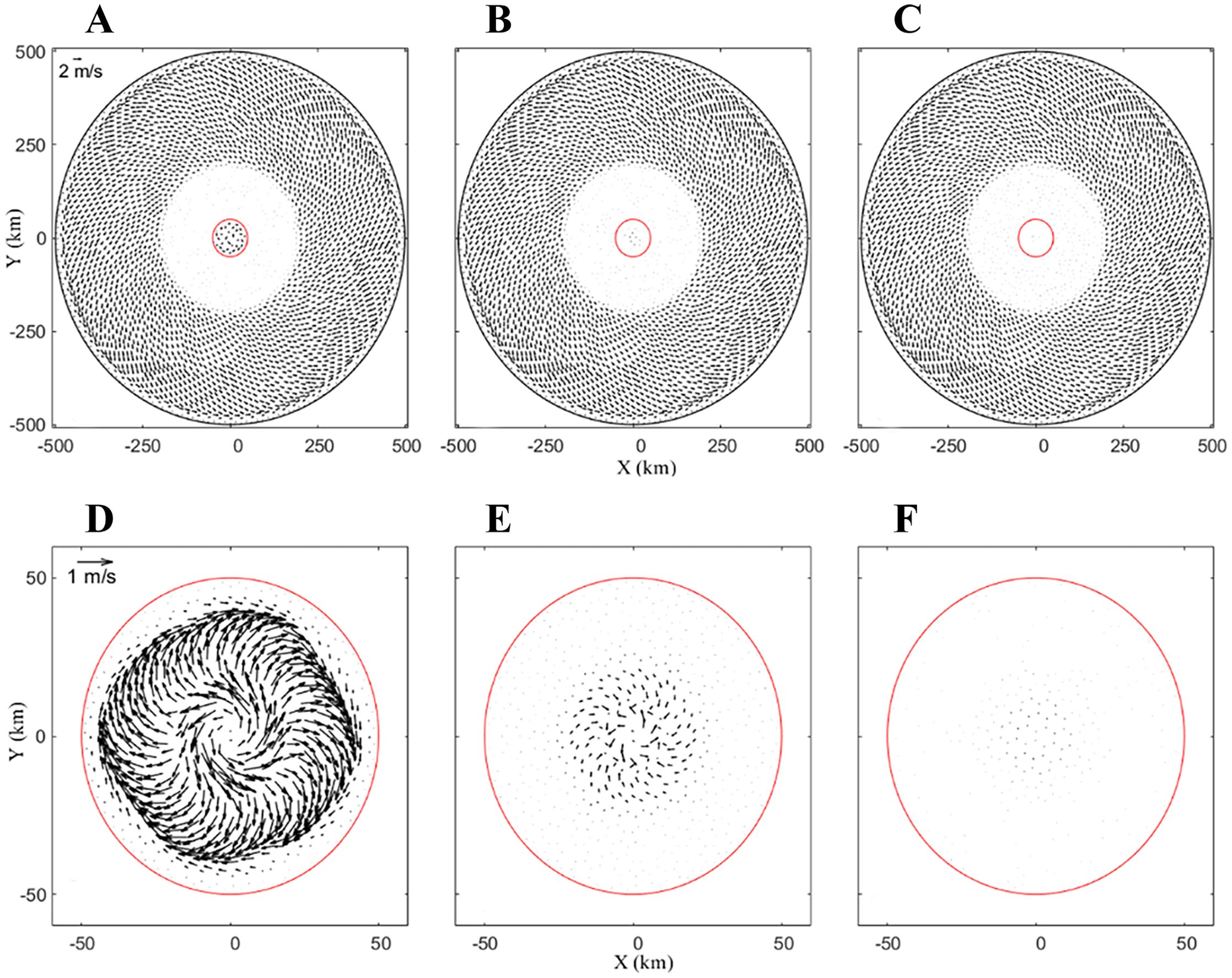 Six vector field diagrams labeled A to F show velocity patterns. Diagrams A, B, and C display large-scale patterns with high-density vectors, while D, E, and F focus on smaller scales with fewer vectors. A red circle outlines a smaller central area in each diagram. The scales differ; A to C have 2 m/s and D to F have 1 m/s vector scales.