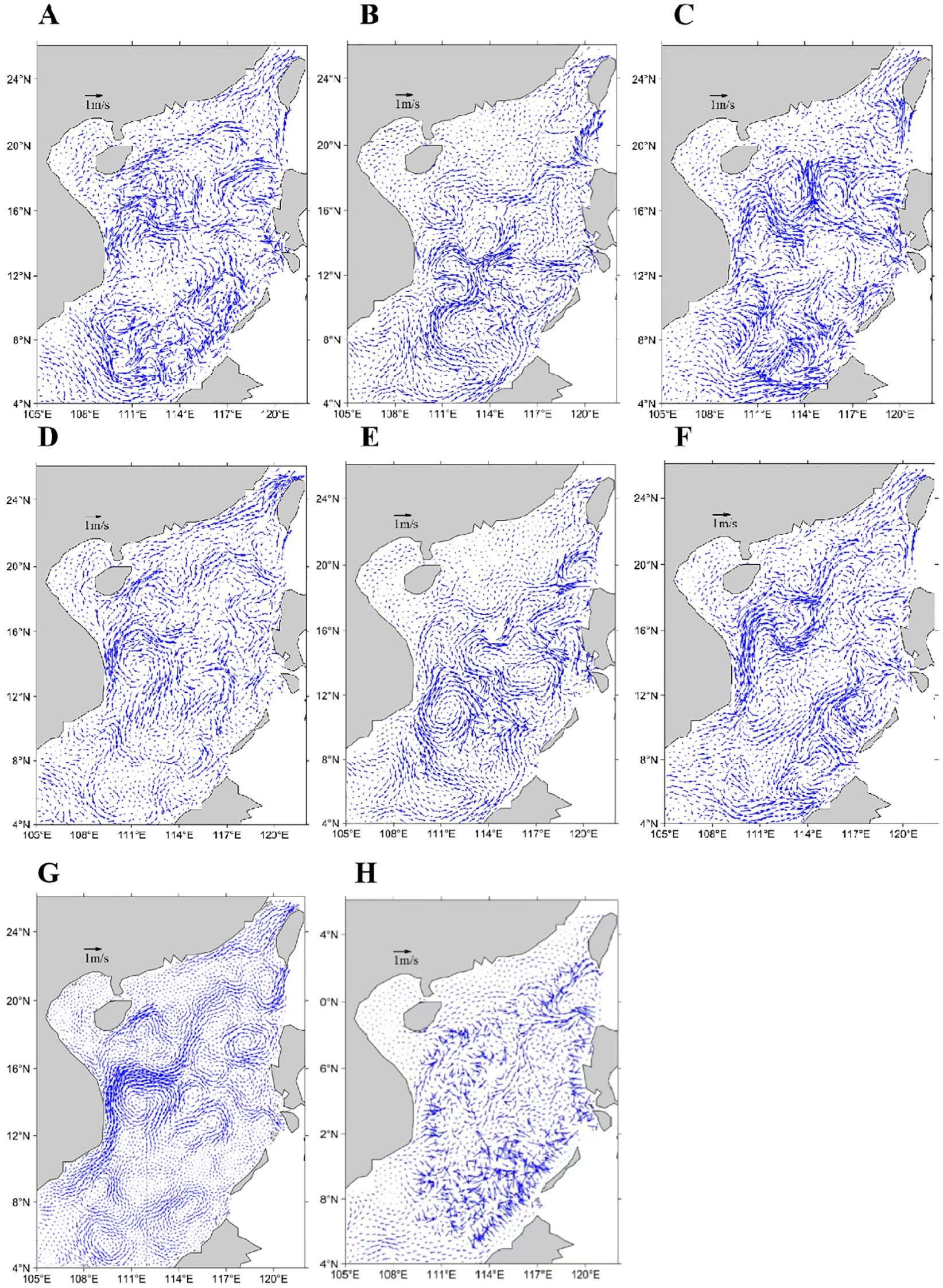 Eight panels labeled A to H show vector field plots of ocean currents in a specific region. Each plot, marked with a scale of one meter per second, displays variations in current direction and intensity across different latitudinal and longitudinal coordinates, ranging from four to twenty-four degrees north and one hundred five to one hundred twenty degrees east. Patterns of circulation differ between plots, illustrating changes in ocean dynamics.
