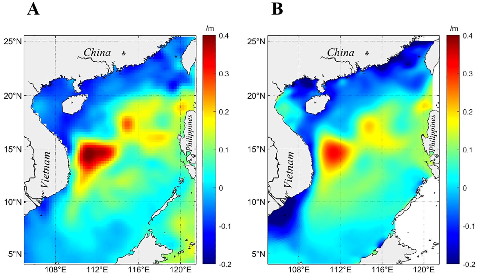 Side-by-side heat maps labeled A and B show elevation variations in the South China Sea around China, Vietnam, and the Philippines. Red indicates higher elevations, progressing to blue for lower areas. A shows a significant red area near Vietnam, while B depicts a similar pattern but with a reduced red region. Both maps use the same color scale, ranging from negative point two to point four meters.