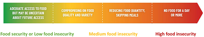 Infographic illustrating levels of food insecurity from low to high. Green indicates food security with adequate food access. Yellow shows medium insecurity, compromising quality and variety. Red indicates high insecurity, reducing quantity, skipping meals, or experiencing a day or more without food.
