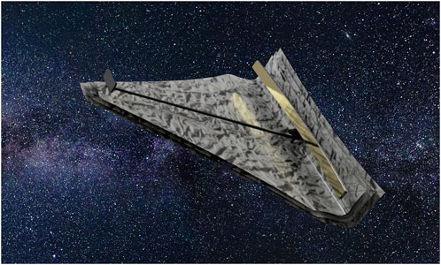 A spacecraft with a long, thin, gold mirror; a black rod perpendicular to the mirror attached to a small grey secondary mirror; and a textured gray sunshade covering two sides of the spacecraft, set against a starry background.
