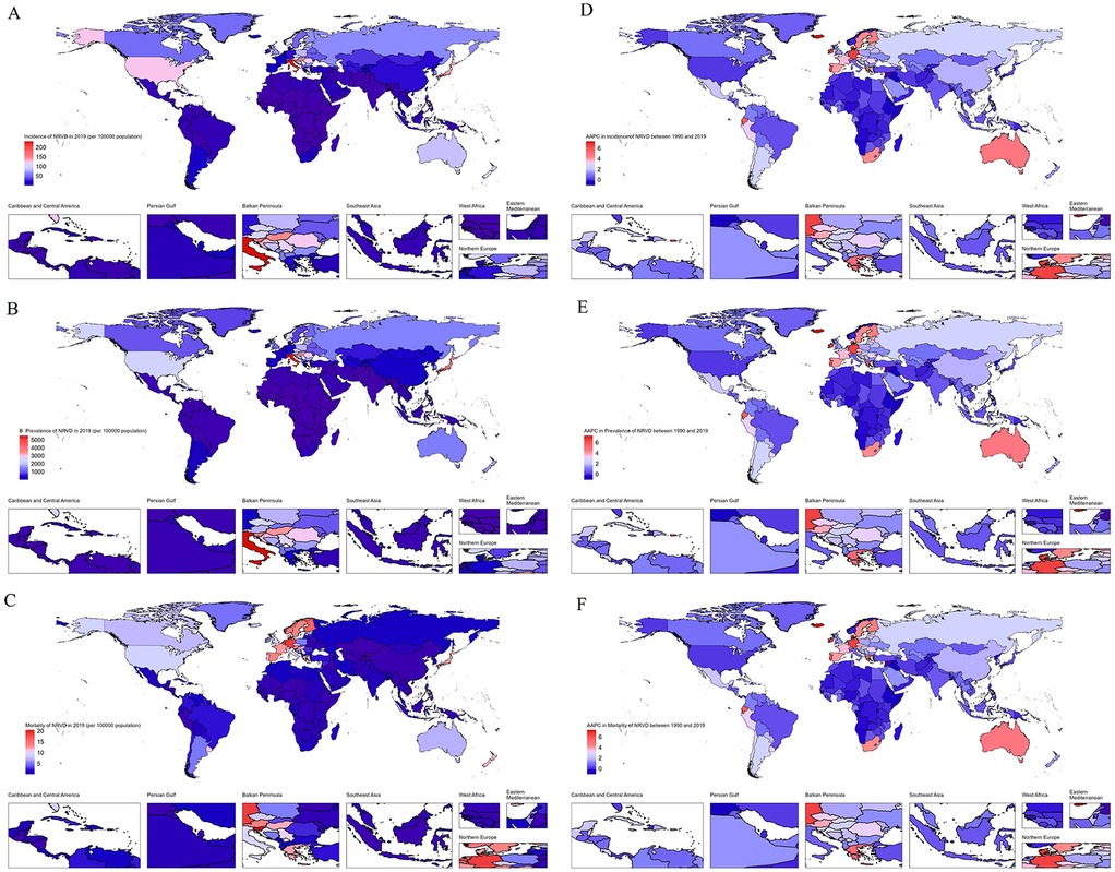 Six world maps show the incidence, prevalence, and mortality rates of NRVHD per 100,000 population in 2019, as well as the AAPC changes from 1990 to 2019. Maps A, B, and C show incidence, prevalence, and mortality data, respectively, using a color gradient from red to dark blue. Maps D, E, and F display the annual percentage changes in incidence, prevalence, and mortality from 1990 to 2019, with red indicating higher increases. The inset provides detailed views of regions such as the Caribbean, the Balkans, and Southeast Asia.