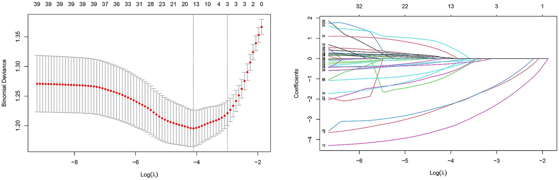 Two plots are shown. The left plot displays a binomial deviance curve against log(lambda) with red dots indicating values and error bars showing variability, forming a concave shape. The right plot is a coefficient path diagram with various colored lines showing how coefficients change with log(lambda), indicating variable shrinkage.