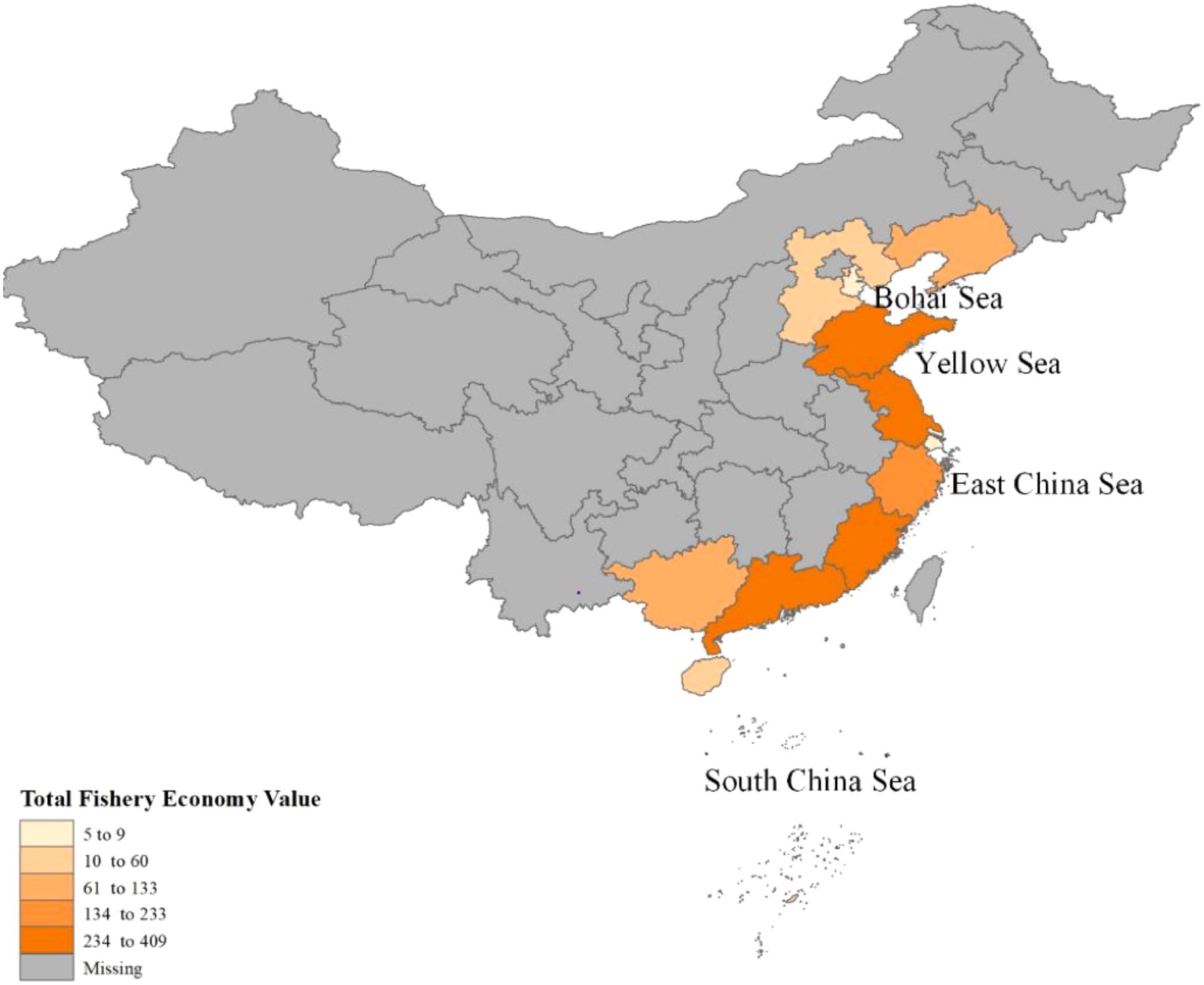 Map of China highlighting coastal provinces along the Bohai Sea, Yellow Sea, East China Sea, and South China Sea. Provinces are shaded in varying oranges to represent total fishery economy value, ranging from light (low value) to dark (high value). The western and some northern regions are gray, indicating missing data.