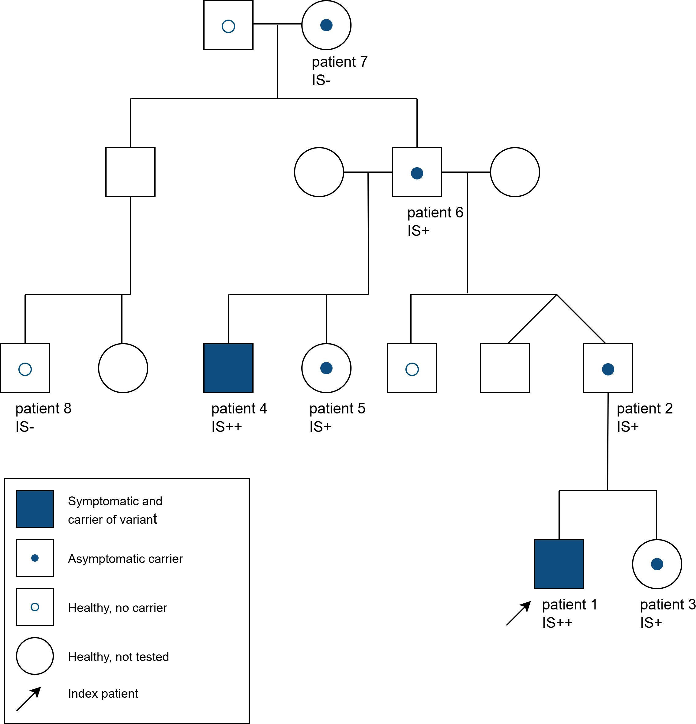 Pedigree chart showing family health statuses regarding a genetic variant. Squares represent males, circles represent females. Filled shapes indicate symptomatic carriers, half-filled with a dot are asymptomatic carriers, and open shapes with a dot are healthy, non-carriers. The index patient is marked with an arrow.