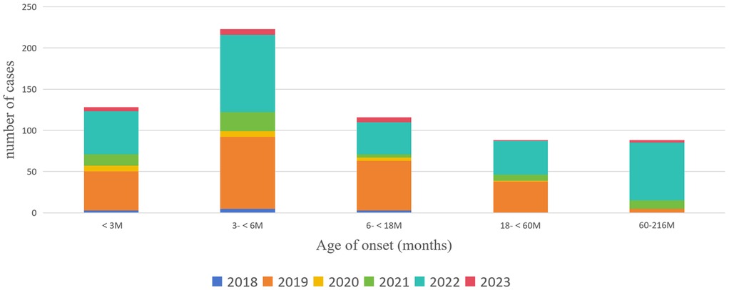 Stacked bar chart depicting the number of cases by age of onset in months for the years 2018 to 2023. Categories include less than 3 months, 3 to 6 months, 6 to 18 months, 18 to 60 months, and 60 to 216 months. Each year is represented by a different color, showing case numbers in each category.